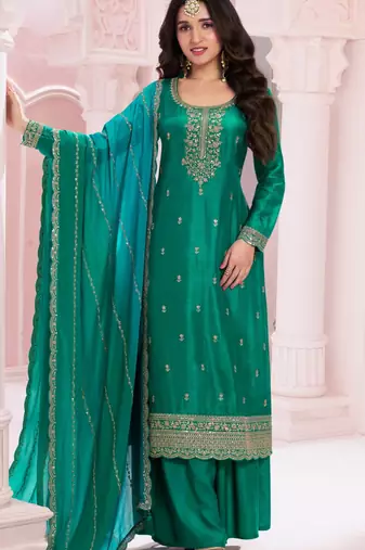 Green premium embroidered vichitra silk semi stitched salwar suit