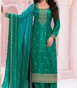 Green premium embroidered vichitra silk semi stitched salwar suit