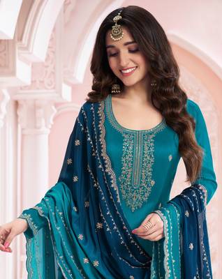 Teal blue green premium embroidered vichitra silk salwar suit 2