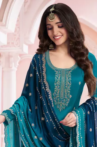 Teal blue green premium embroidered vichitra silk salwar suit