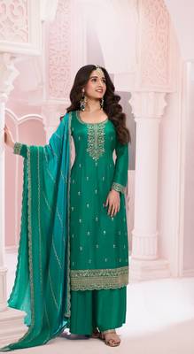 Green premium embroidered vichitra silk salwar suit 2