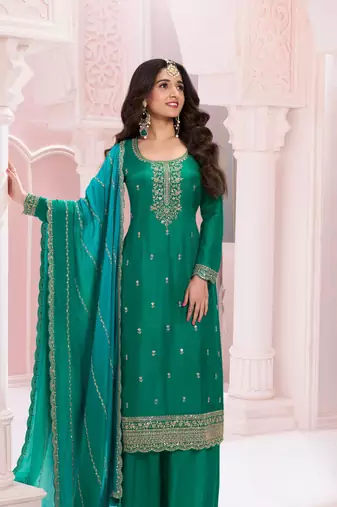Green premium embroidered vichitra silk salwar suit