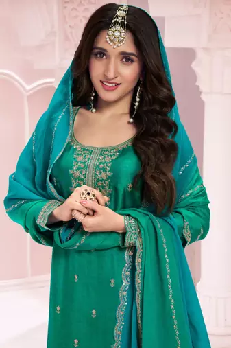 Green premium embroidered vichitra silk salwar suit