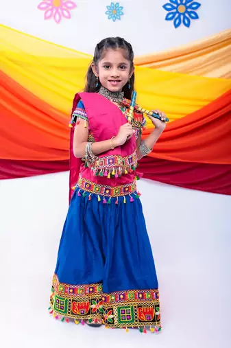 Banjara india girls kutch work embroideblue lehenga choli set with dupatta (cc1-wild) - blue