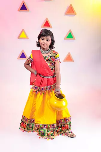 Banjara india girls kutch work embroideyellow lehenga choli set with dupatta (cc1-wild) - yellow