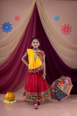 Banjara india girls kutch work embroidered lehenga choli set with dupatta (cc1-wild) - red 2