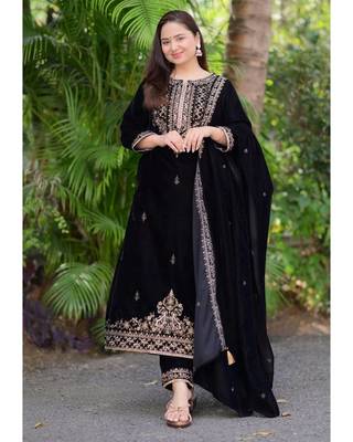 Black Viscos Velvet Embroidery Work Full Sleeve Fully Stitched Ready To Wear Kurti Set 1