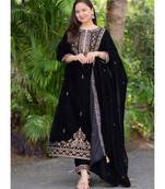 Black Viscos Velvet Embroidery Work Full Sleeve Fully Stitched Ready To Wear Kurti Set