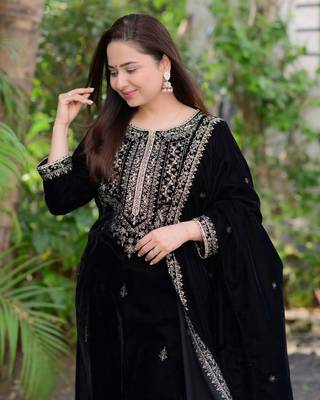Black Viscos Velvet Embroidery Work Full Sleeve Fully Stitched Ready To Wear Kurti Set 2