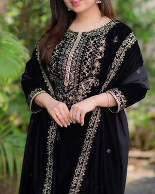 Black Viscos Velvet Embroidery Work Full Sleeve Fully Stitched Ready To Wear Kurti Set 3