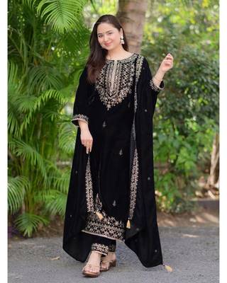 Black Viscos Velvet Embroidery Work Full Sleeve Fully Stitched Ready To Wear Kurti Set 4