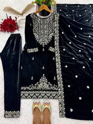 Black Viscos Velvet Embroidery Work Full Sleeve Fully Stitched Ready To Wear Kurti Set 5