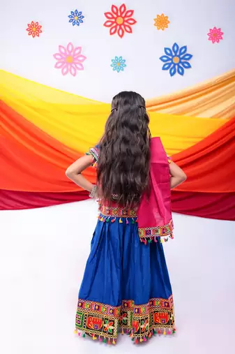 Banjara india girls kutch work embroideblue lehenga choli set with dupatta (cc1-wild) - blue