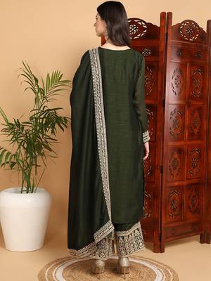 women olive silk blend solid embroidered straight kurta palazzos with dupatta 6