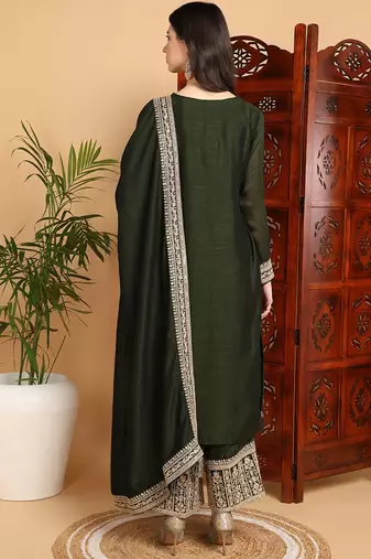 women olive silk blend solid embroidered straight kurta palazzos with dupatta