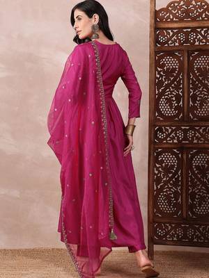 women pink silk blend solid embroidered a-line kurta trouser with dupatta 6