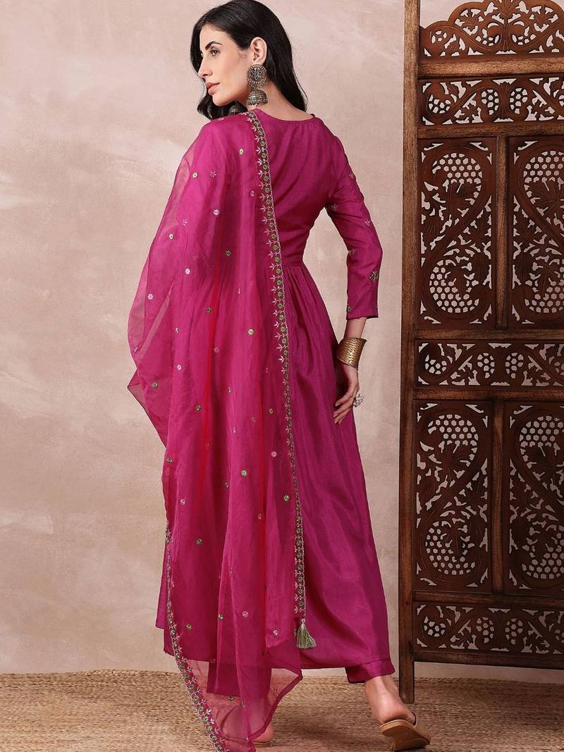 women pink silk blend solid embroidered a-line kurta trouser with dupatta