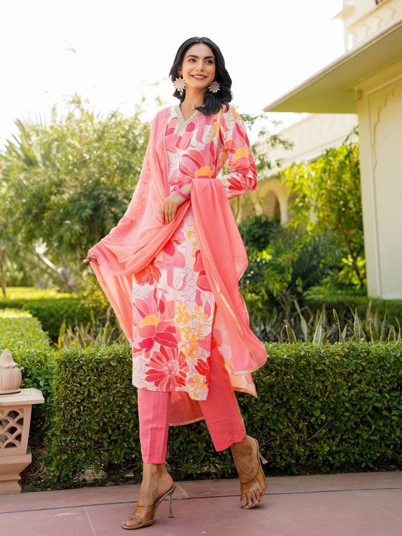 Peach printed cotton blend fancy straight trousers with dupatta