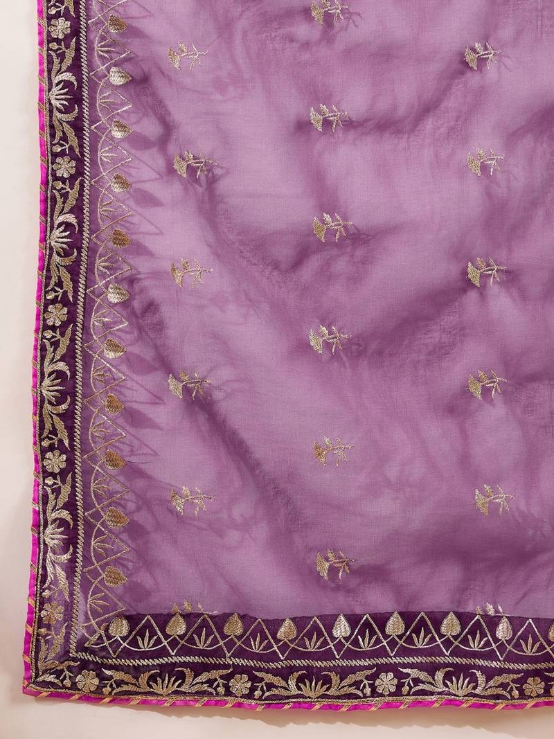 women purple silk blend yoke design zari straight kurta palazzo with dupatta