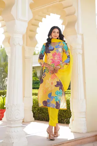 women yellow cotton blend floral printed straight kurta trouser with dupatta