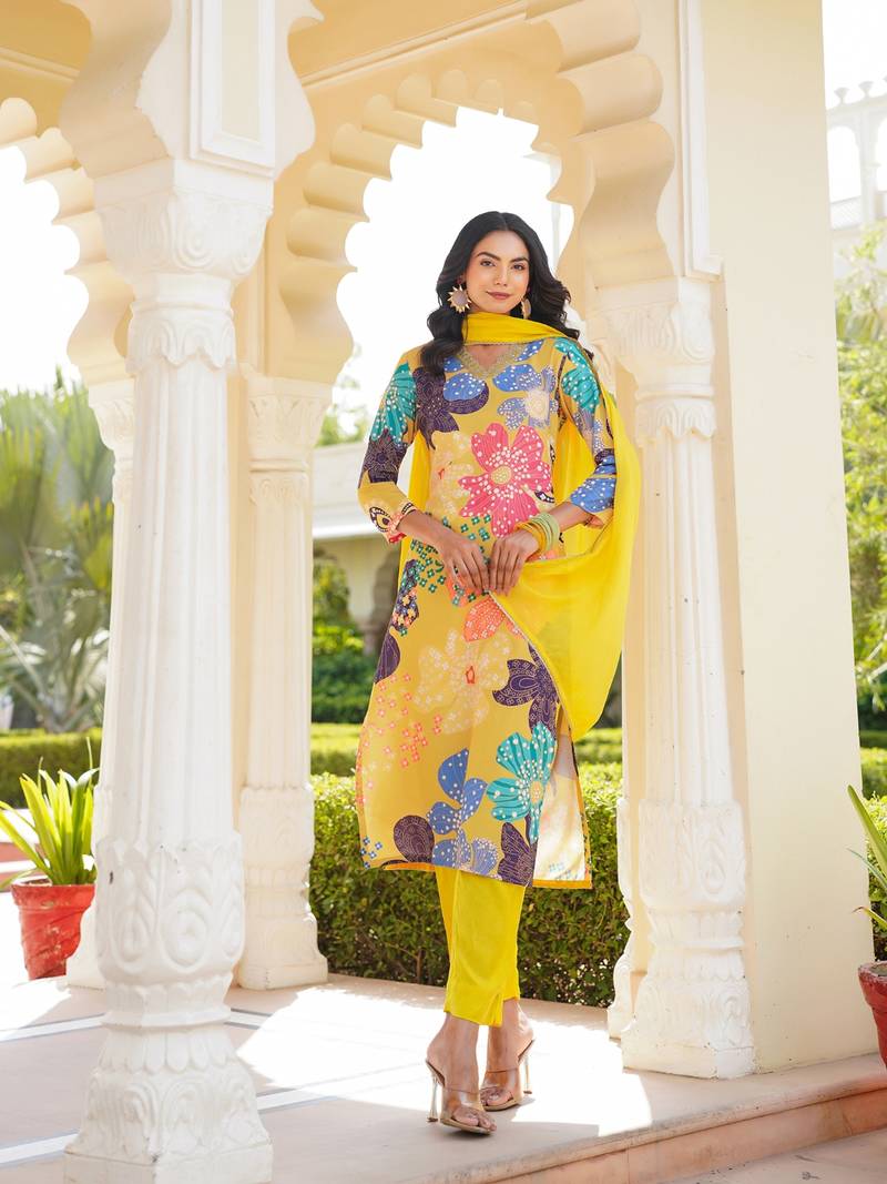 women yellow cotton blend floral printed straight kurta trouser with dupatta