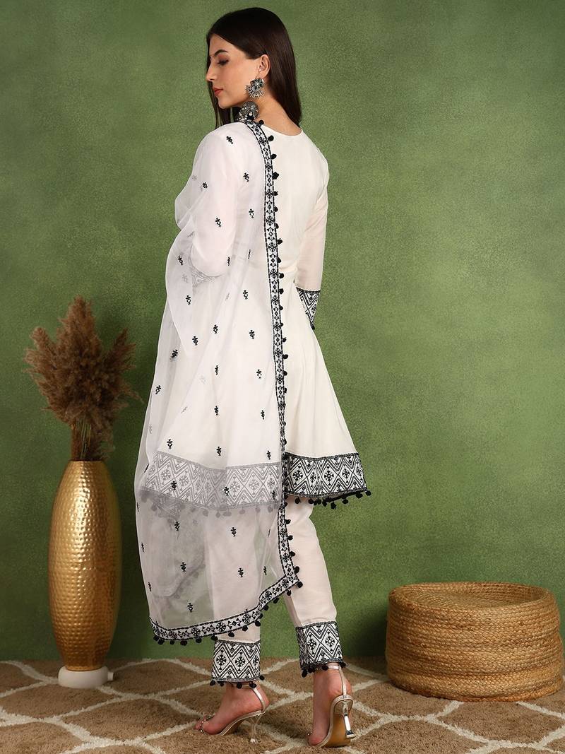 women white silk blend embroidered thread work a-line kurta trouser with dupatta