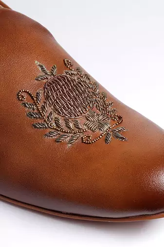 Tanny shoes men's faux leather brown zari embroidery ethnic shoe for bridal casual party