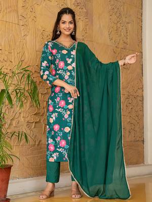women green rayon blend floral printed straight kurta trousers with dupatta 6