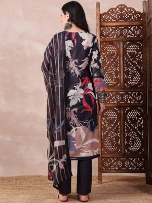 women black rayon blend floral printed straight kurta trouser with dupatta 6