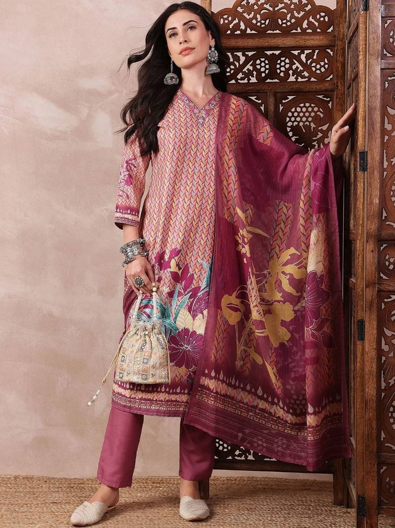 women multi rayon blend floral printed straight kurta trouser with dupatta