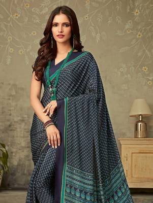 Dark Blue Polka Dots Crepe Silk Printed Saree,Sari Comes With Blouse 2