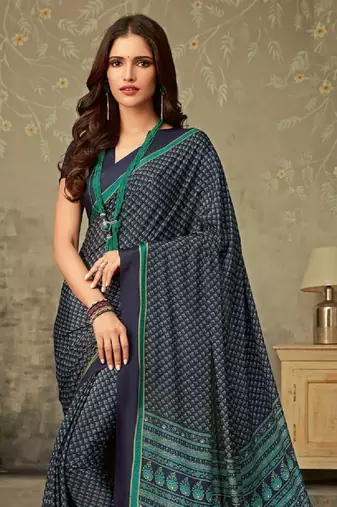 Dark Blue Polka Dots Crepe Silk Printed Saree,Sari Comes With Blouse