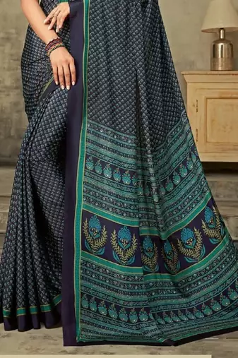 Dark Blue Polka Dots Crepe Silk Printed Saree,Sari Comes With Blouse