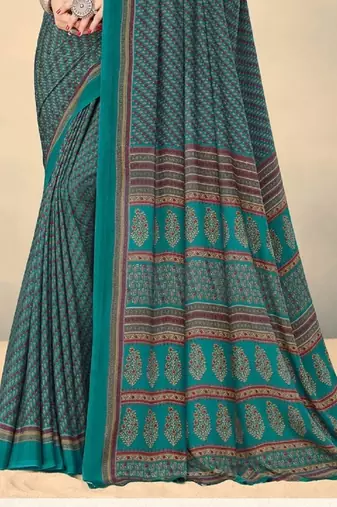 Teal Green Polka Dots Crepe Silk Printed Saree,Sari Comes With Blouse