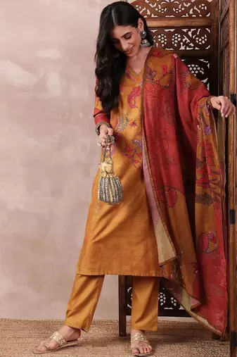 women mustard rayon blend floral printed straight kurta trouser with dupatta