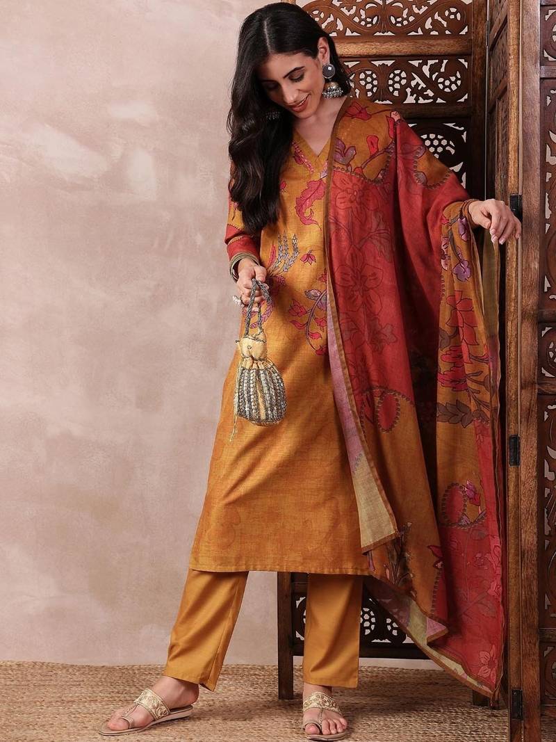 women mustard rayon blend floral printed straight kurta trouser with dupatta