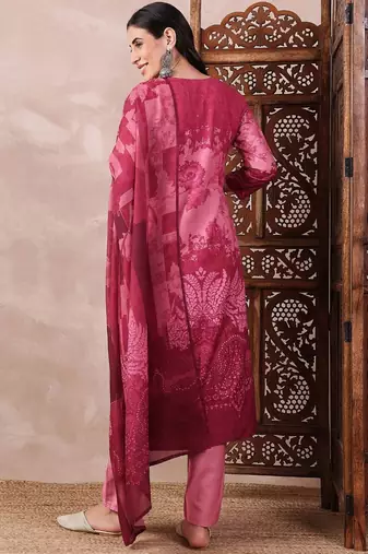 women pink rayon blend ethnic motifs printed straight kurta trouser with dupatta