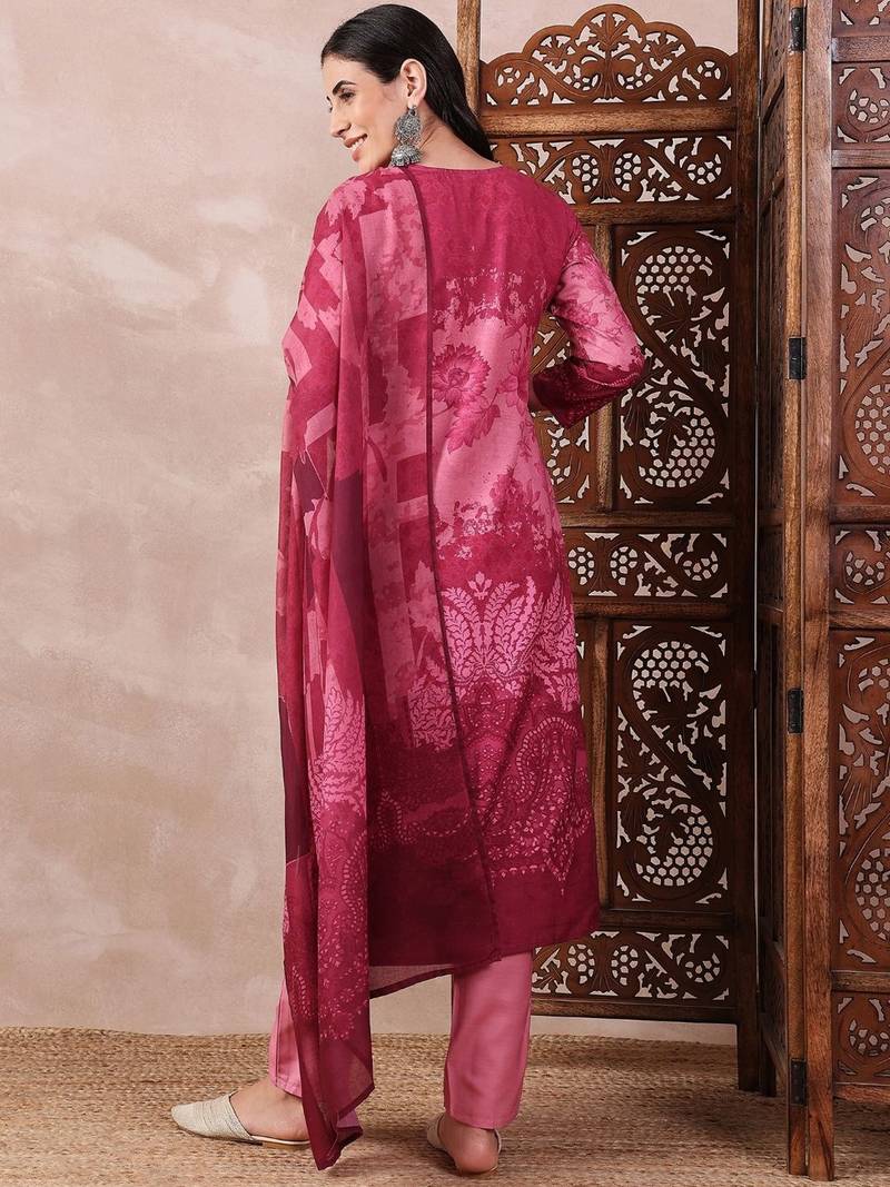 women pink rayon blend ethnic motifs printed straight kurta trouser with dupatta