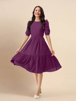 Satin Cotton Round Neck Half Puff Sleeve Flared Pleated Mini Western Dress 1