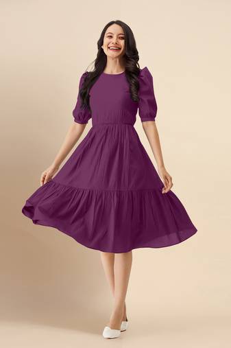 Satin Cotton Round Neck Half Puff Sleeve Flared Pleated Mini Western Dress