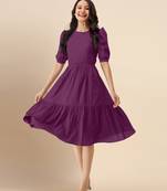 Satin Cotton Round Neck Half Puff Sleeve Flared Pleated Mini Western Dress
