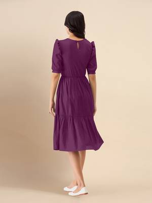 Satin Cotton Round Neck Half Puff Sleeve Flared Pleated Mini Western Dress 2
