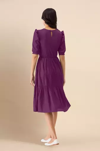 Trendmalls Satin Cotton Round Neck Half Puff Sleeve Flared Pleated Mini Western Dress