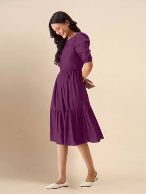 Satin Cotton Round Neck Half Puff Sleeve Flared Pleated Mini Western Dress 3