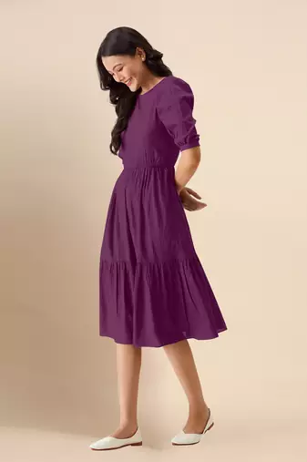 Trendmalls Satin Cotton Round Neck Half Puff Sleeve Flared Pleated Mini Western Dress