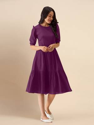Satin Cotton Round Neck Half Puff Sleeve Flared Pleated Mini Western Dress 4