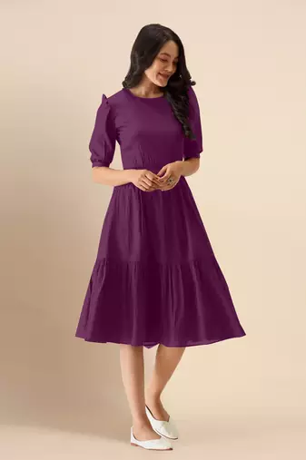 Trendmalls Satin Cotton Round Neck Half Puff Sleeve Flared Pleated Mini Western Dress