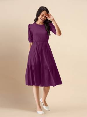 Satin Cotton Round Neck Half Puff Sleeve Flared Pleated Mini Western Dress 5