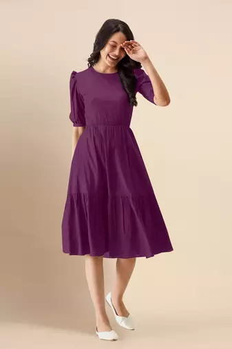 Trendmalls Satin Cotton Round Neck Half Puff Sleeve Flared Pleated Mini Western Dress