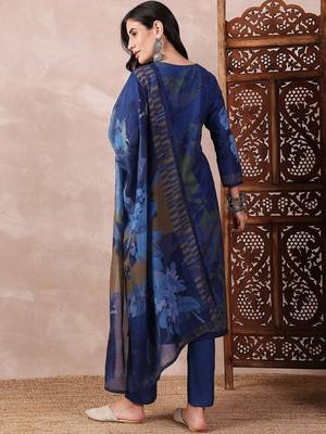 women blue rayon blend floral printed straight kurta trouser with dupatta 6